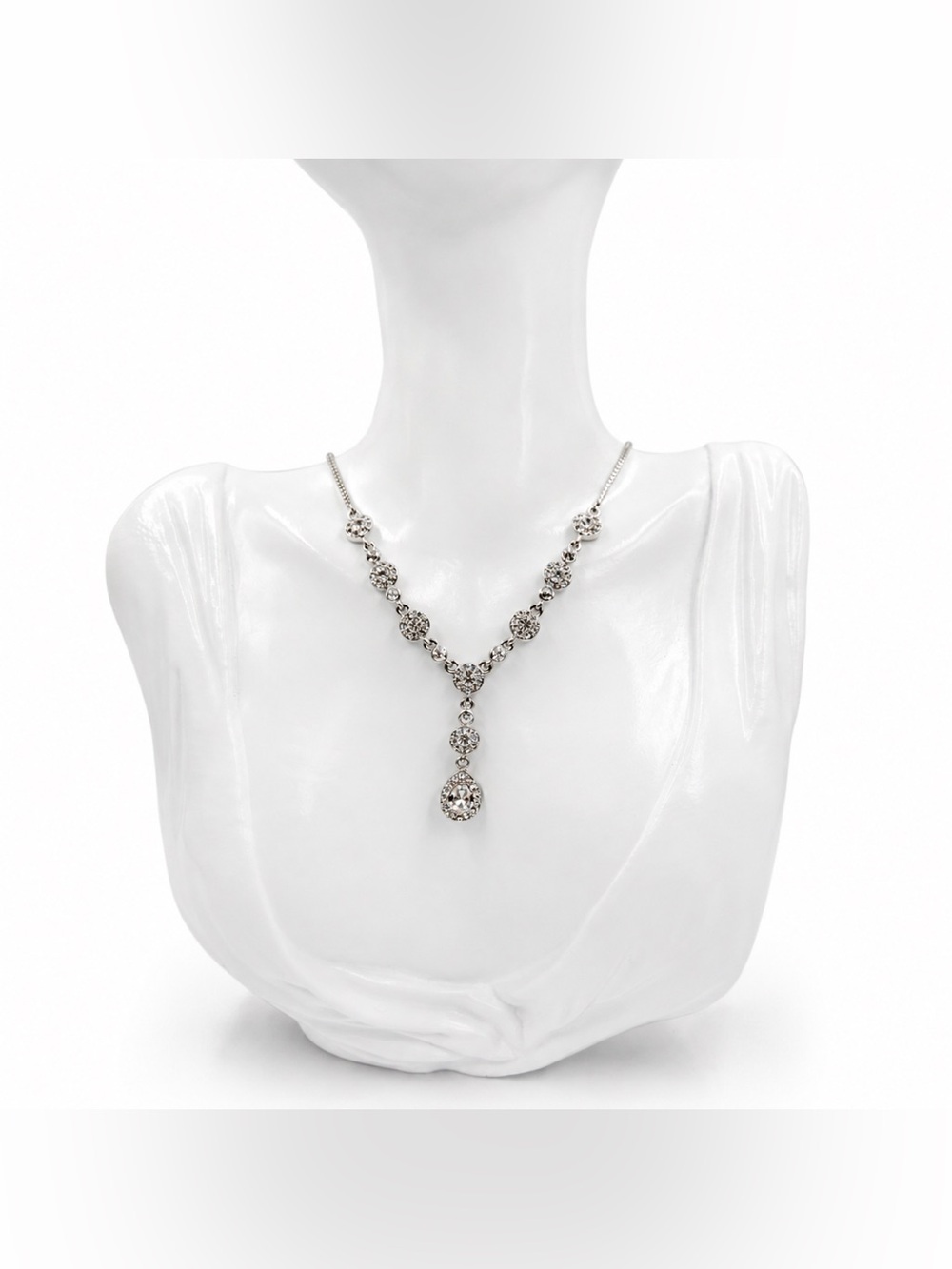 Givenchy Crystal Teardrop Y Necklace Silver Tone Rhinestone Statement Necklace - Picture 2 of 13